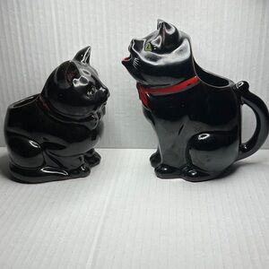 Vintage Shafford Redware Black Cats Sugar Bowl And Creamer Set